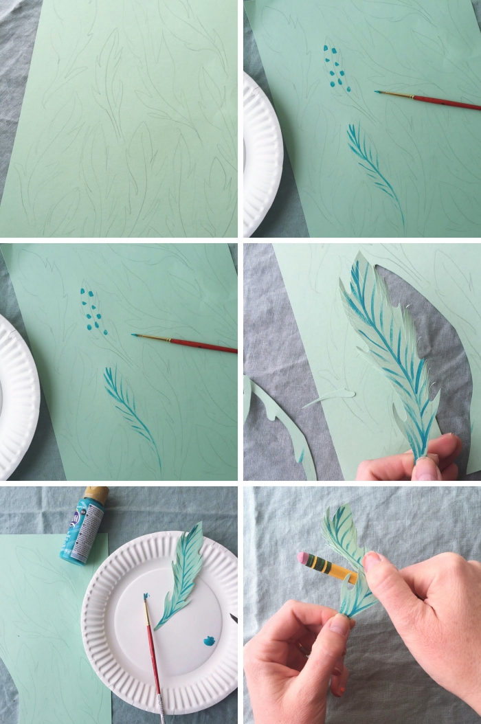 arbre-pâques-papier-coloré-ciseaux-peinture-acrylique-crayon-gabarit-plumes-tutoriel-bricolage-pâques-facile activité paques facile pour enfants, tutoriel comment faire des plumes en papier pour décorer un arbre suédois de pâques