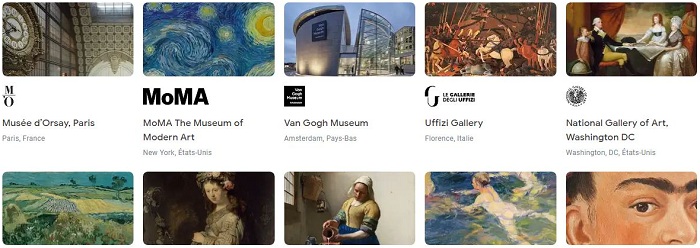 le site arts & culture de Google proposent de nombreuses visites de musées virtuelles et autres activités en ligne pédagogiques