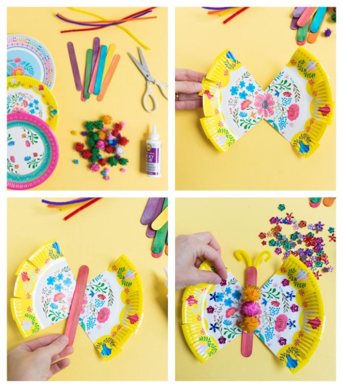 que faire avec une assiette de papier coloré et des batonnets de glace, fabriquer un papillon décorée de pompons colorés, activite enfant 3 ans