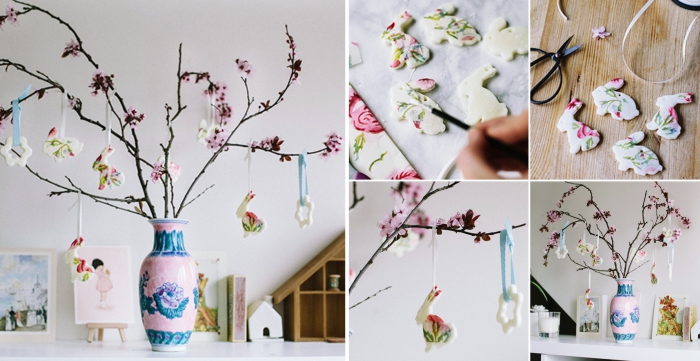 idée de bricolage de paques facile avec branches et ornements DIY, diy arbre en branches de cerisier décorés de figurines de lapin