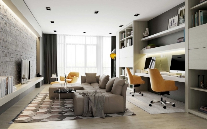 aménagement bureau à domicile dans un salon moderne, design intérieur contemporain avec home office bureau intégré