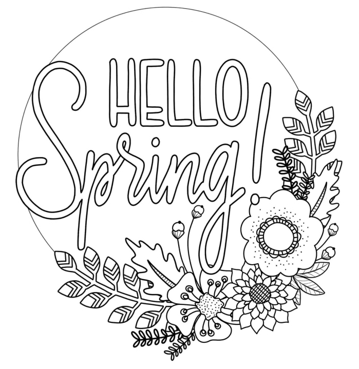 coloriage fleur de printemps, dessin facile à colorer avec lettres Joyeux printemps et couronne de fleurs saisonnières