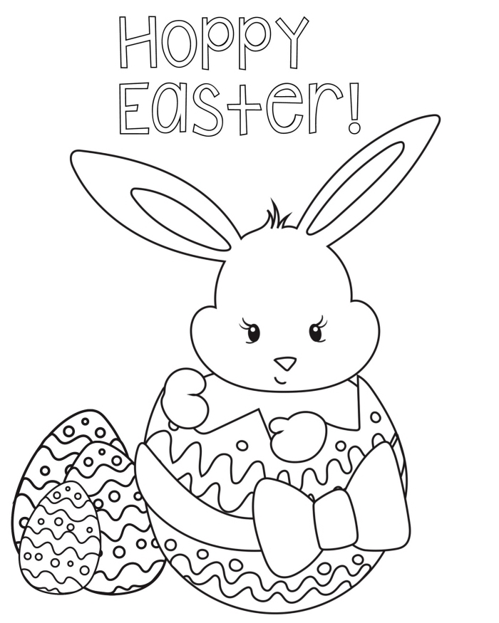 idée coloriage de pâques facile pour enfant, exemple de dessin à imprimer et colorer à motifs petit lapin et oeuf de Pâques