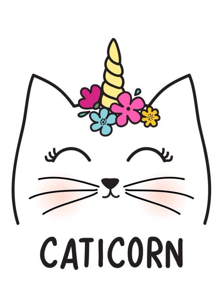 exemple de dessin chat licorne kawaii ou caticorne, tête de chat blanc avec corne jaune et fleurs colorées