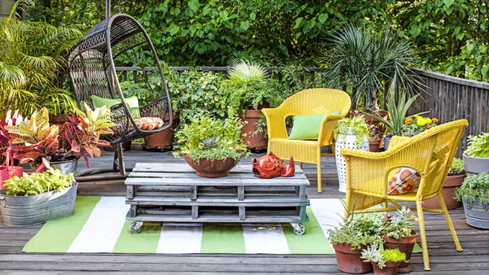 Table basse en palettes europeens, tapis blanc et vert, fauteuils jaunes, amenagement terrasse jardin, quels meubles de jardin choisir