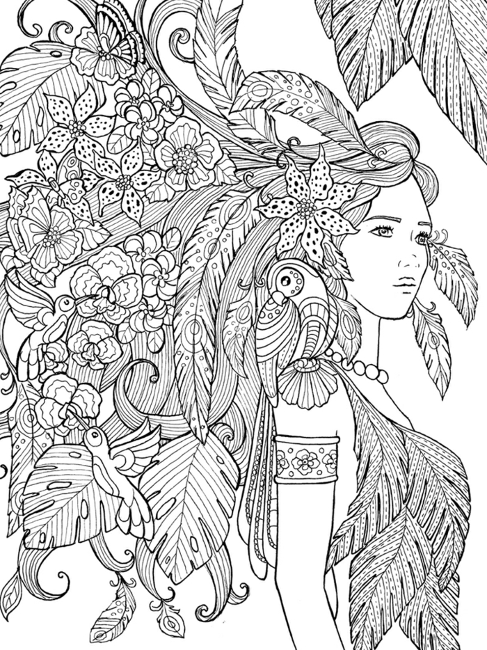 Dessin fille indienne style bohème tenue avec plumes, mandala à colorier, coloriage adulte activité manuelle anti stress fleurs et fille