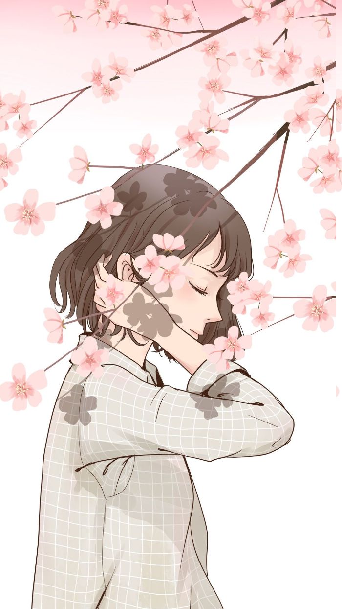 fond d écran fille kawaii, dessin de fille cheveux coupe carré avec branche aux fleurs de cerisier