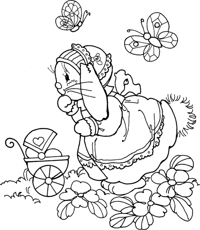 coloriage lapin facile pour petits, dessin à colorier pour enfant sur le thème de Pâque, illustration rigolo pour printemps