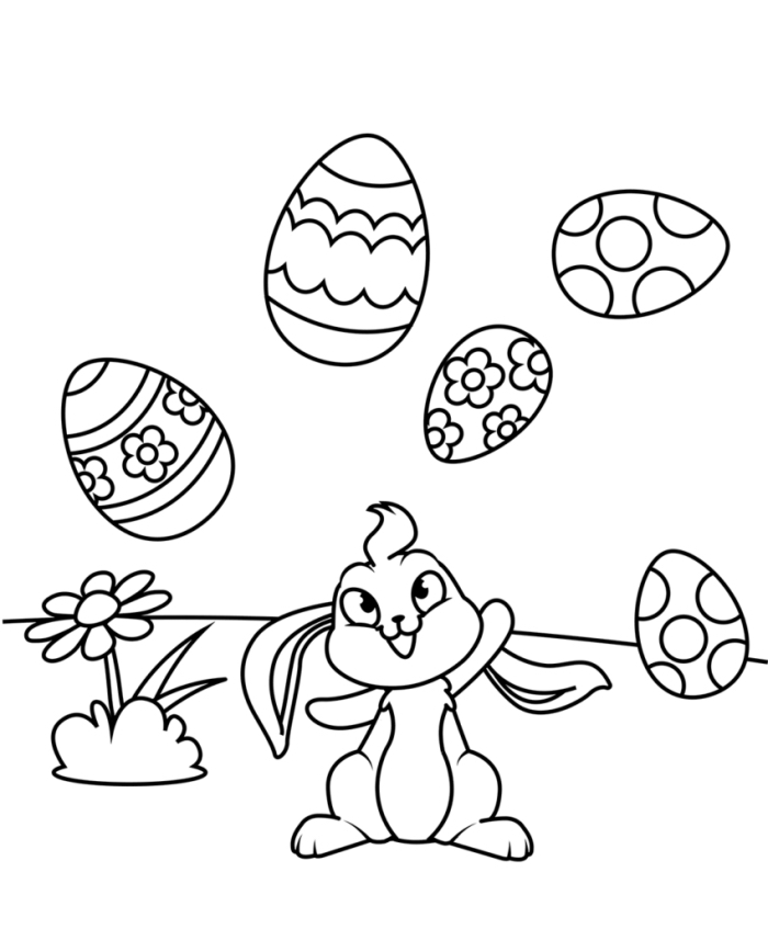 coloriage maternelle facile avec lapin et oeufs décorés, idée illustration simple à imprimer et colorer pour les enfants