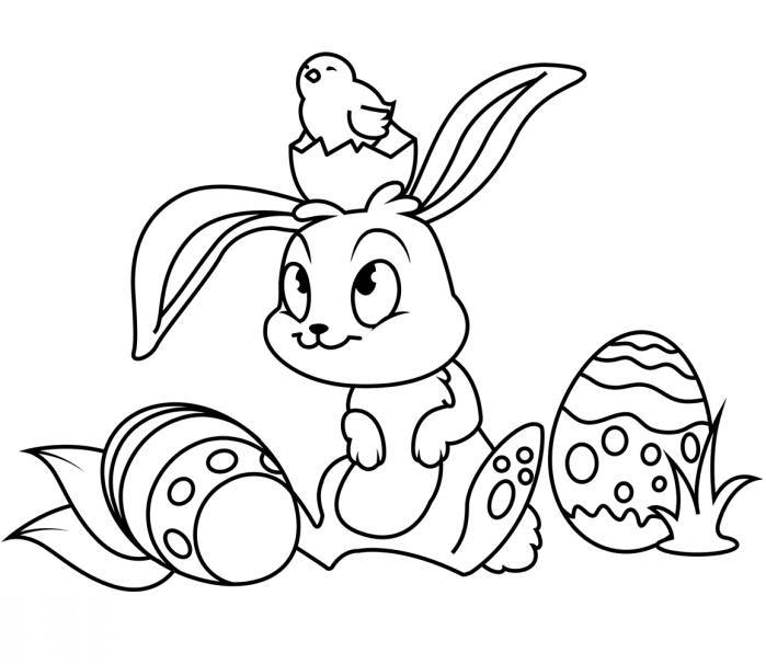 modèle de coloriage paques facile pour petits, dessin à imprimer sur le thème de Pâque avec petit lapin et son ami petit oiseau