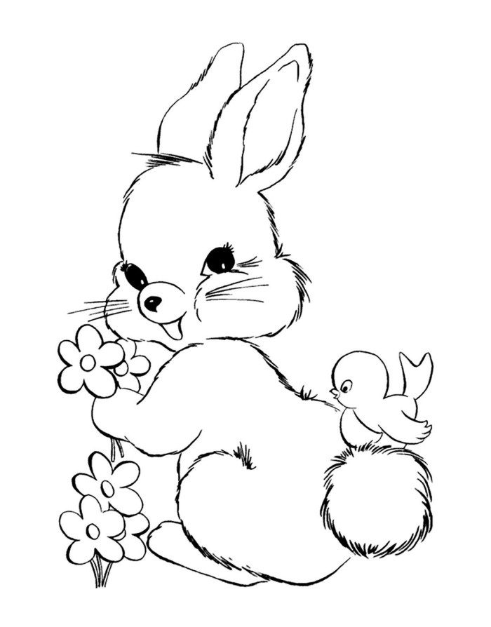 exemple de lapin de paques dessin facile à imprimer pour les enfants, coloriage facile avec lapin souriant et petit poulet