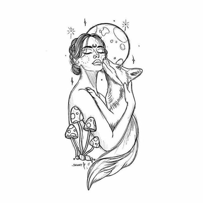 Dessin de fille avec son renard, la lune et champignons magiques, coloriage anti stress fille adorable dessin 