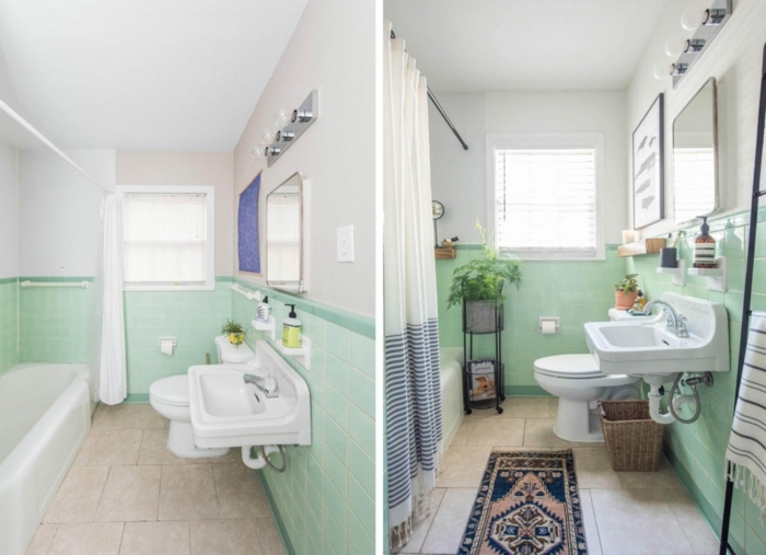 Mur bicolore en blanc et vert carrelage, échelle de rangement. déco salle de bain zen, modele de salle de bain peinture vert de bleu claire