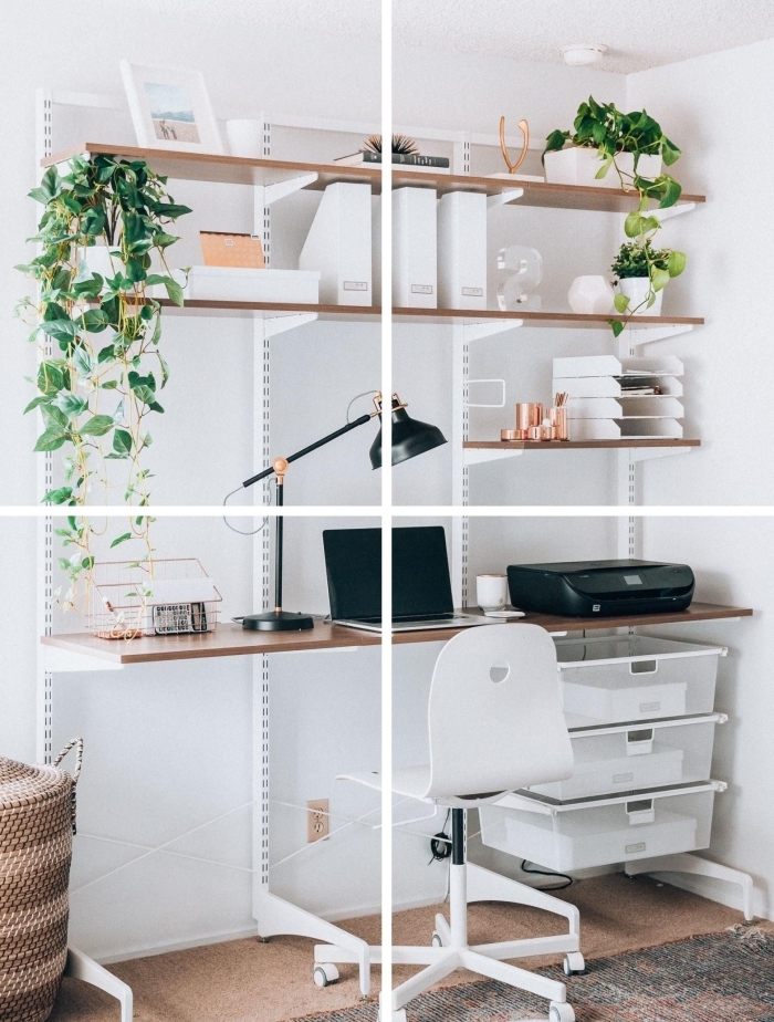 comment décorer un espace de travail, idée de bureau fait maison avec planche bois et meuble de rangement mural