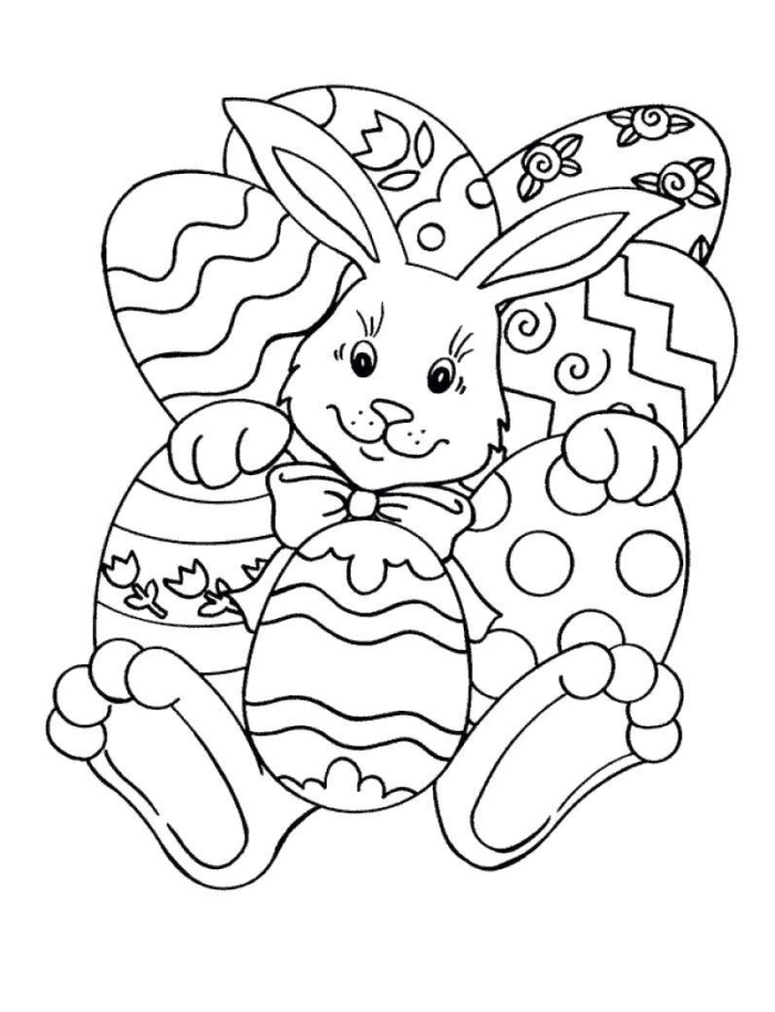 coloriage paques à imprimer pour petits, dessin facile à colorer sur le thème de Pâque avec gros lapin et oeufs