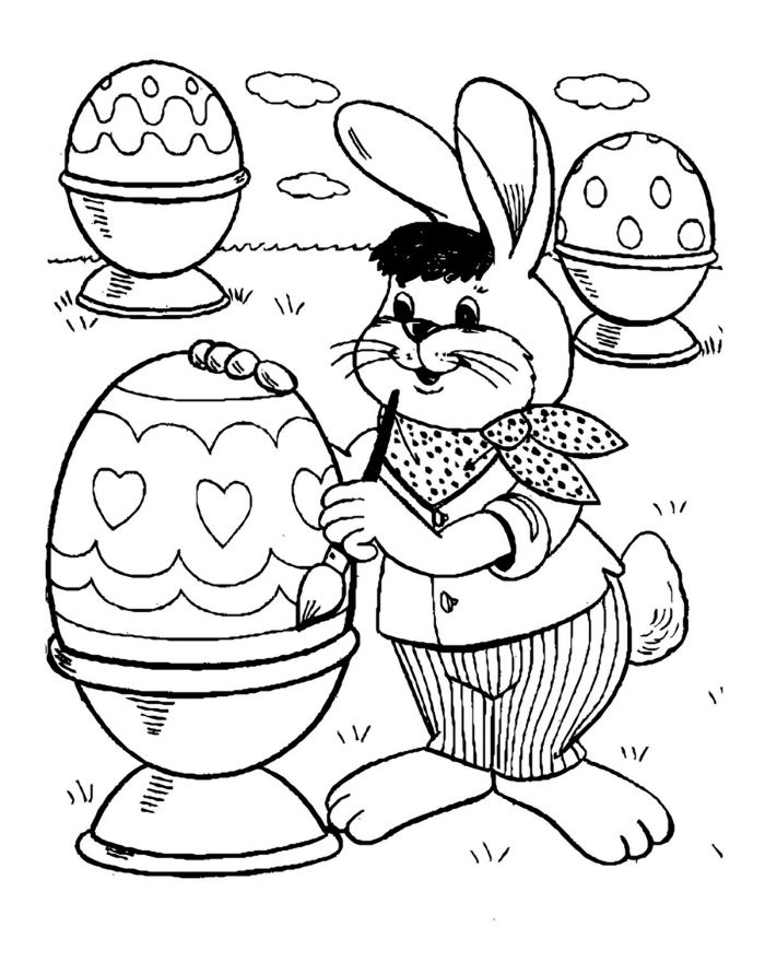 dessin de paques facile à colorier pour enfant, exemple de coloriage facile avec lapin artiste et oeufs décorés