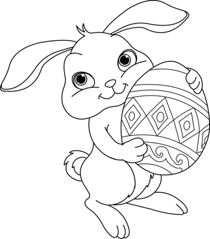 coloriage facile pour petits sur le thème de Pâques, idée de dessin simple et rigolo avec petit lapin et oeuf de Pâques