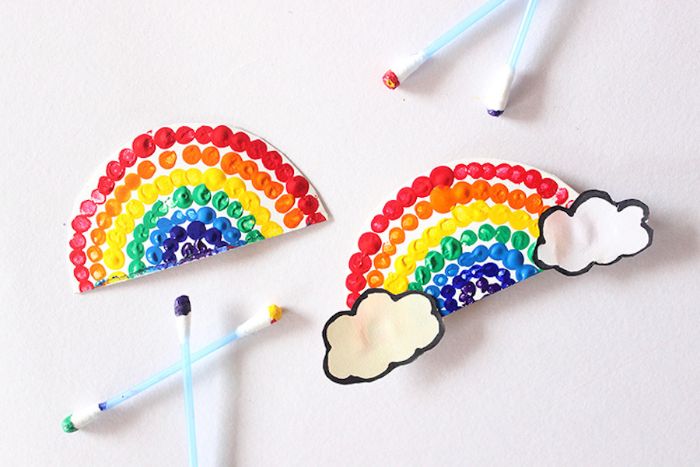 idée d activité manuelle facile en papier, comment faire un arc en ciel de papier décoré de pois de peinture arc en ciel
