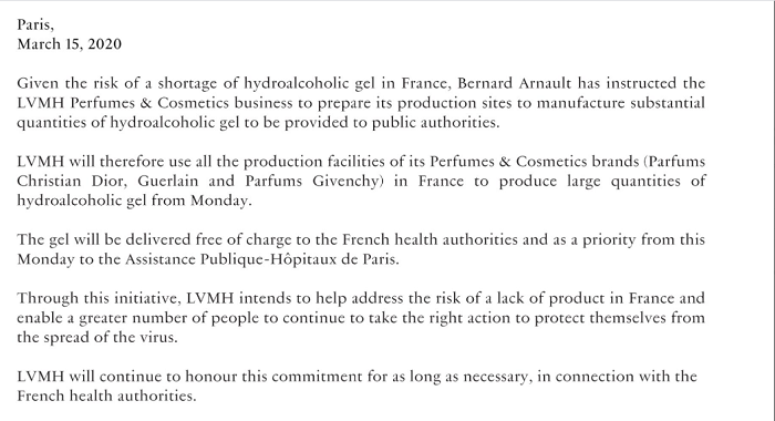 LVMH annonce par communiqué que les usines de parfums du groupe fabriqueront du gel hydro alcoolique à destination des hôpitaux de APHP