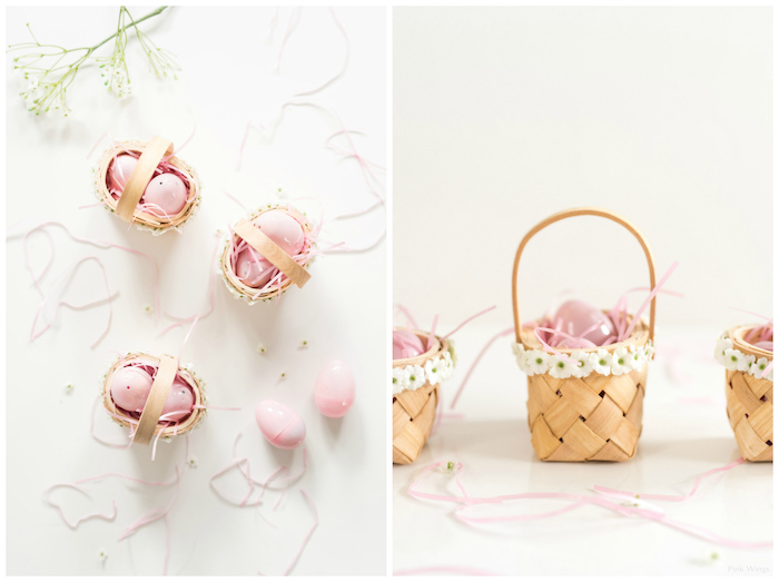 cool-idée-petite-panier-fleurie-pleine-d-oeufs-idée-cadeau-diy-idee-cadeau-paques-chocolat-pour-la-fete Miniature panier avec deux oeufs au chocolat dedans, petit cadeau de paques a faire soi meme, cadeau a faire soi meme pasque thème