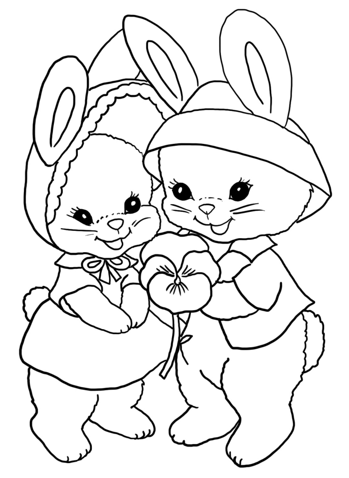 coloriage paques à imprimer, dessin de deux lapins de Pâques à colorier, exemple de coloriage facile pour enfant