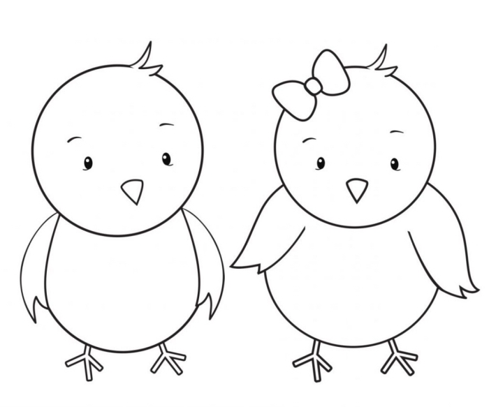 dessin de paques facile pour les petits, exemple illustration simple à colorier avec deux poulets, dessin facile à imprimer