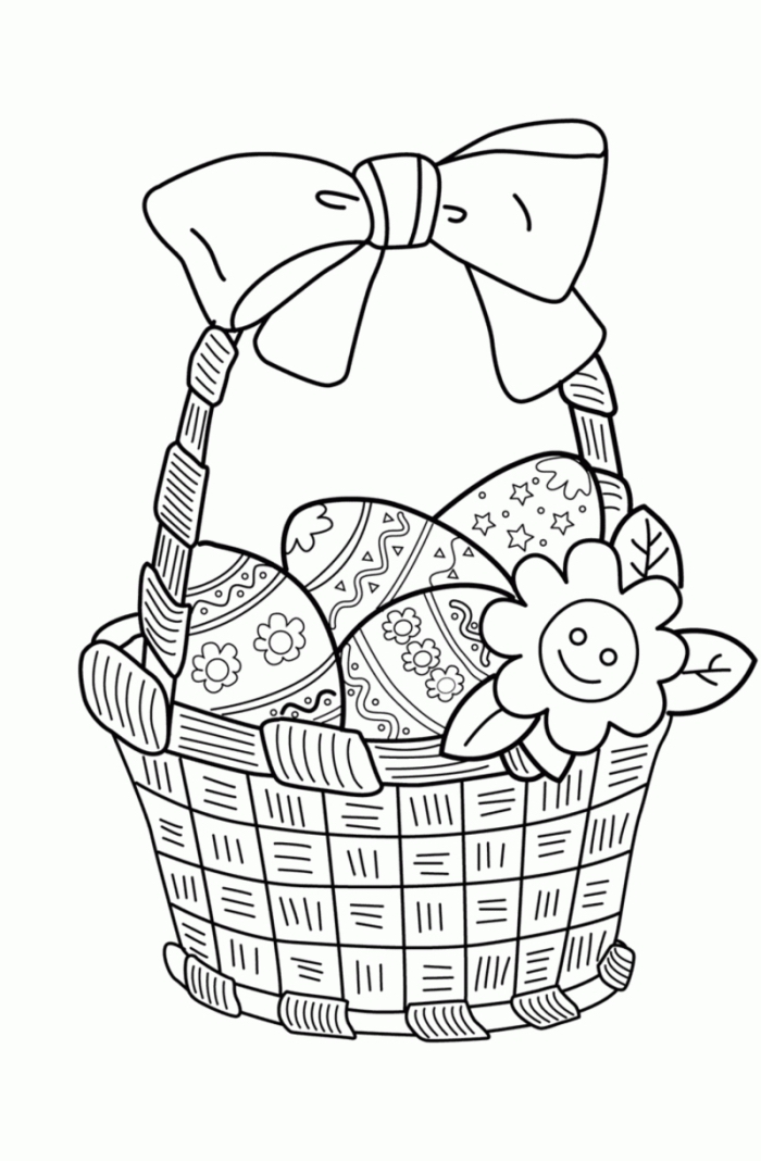 coloriage printemps facile avec panier rempli d'oeufs de Pâques et fleurs, idée dessin simple à imprimer