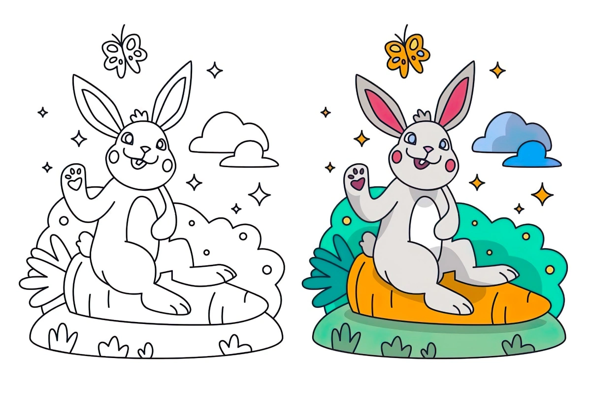 dessin de lapin avec modele de coloriage couleurs papillon nuages