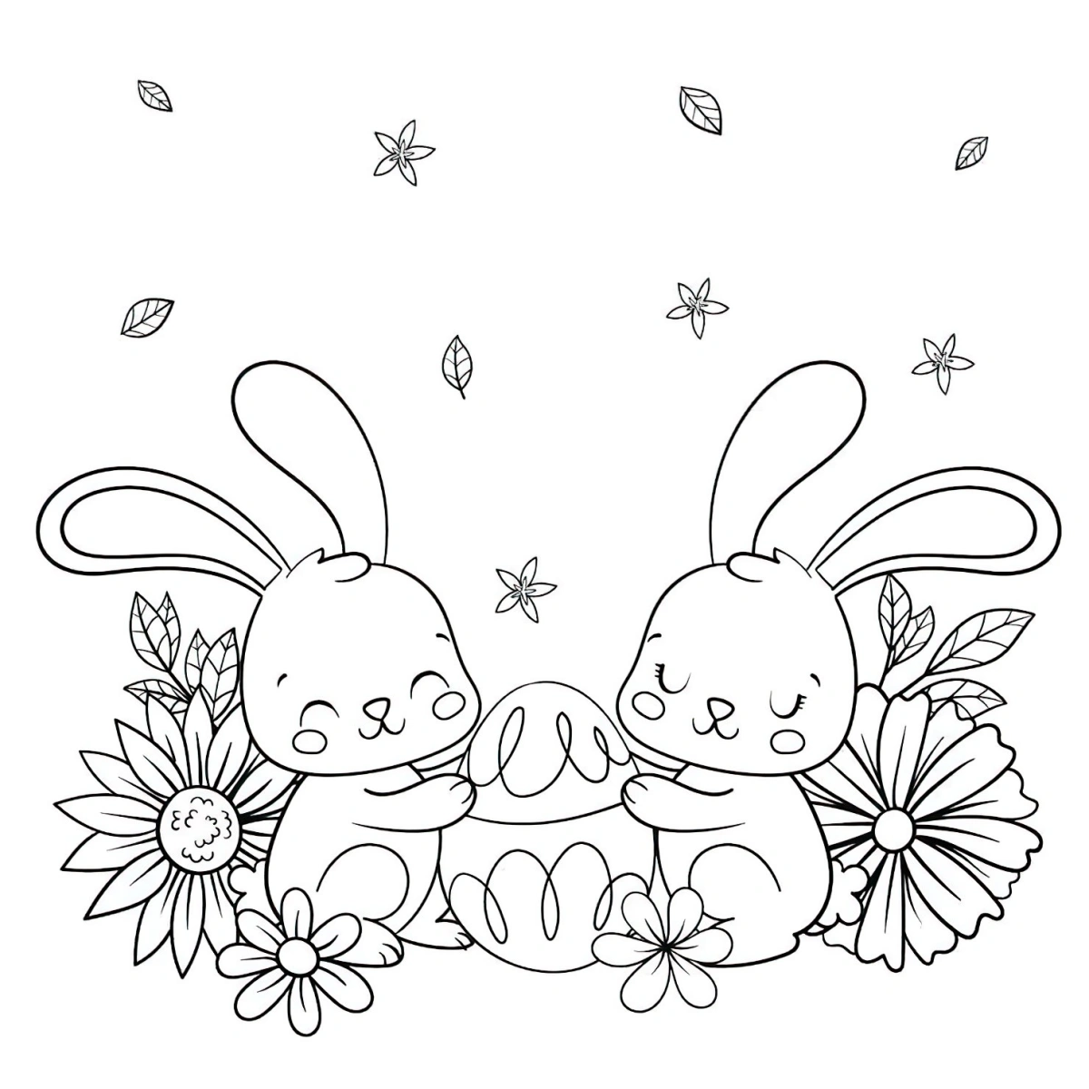 dessin de paques lapins souriant oreilles longs fleurs petales formes
