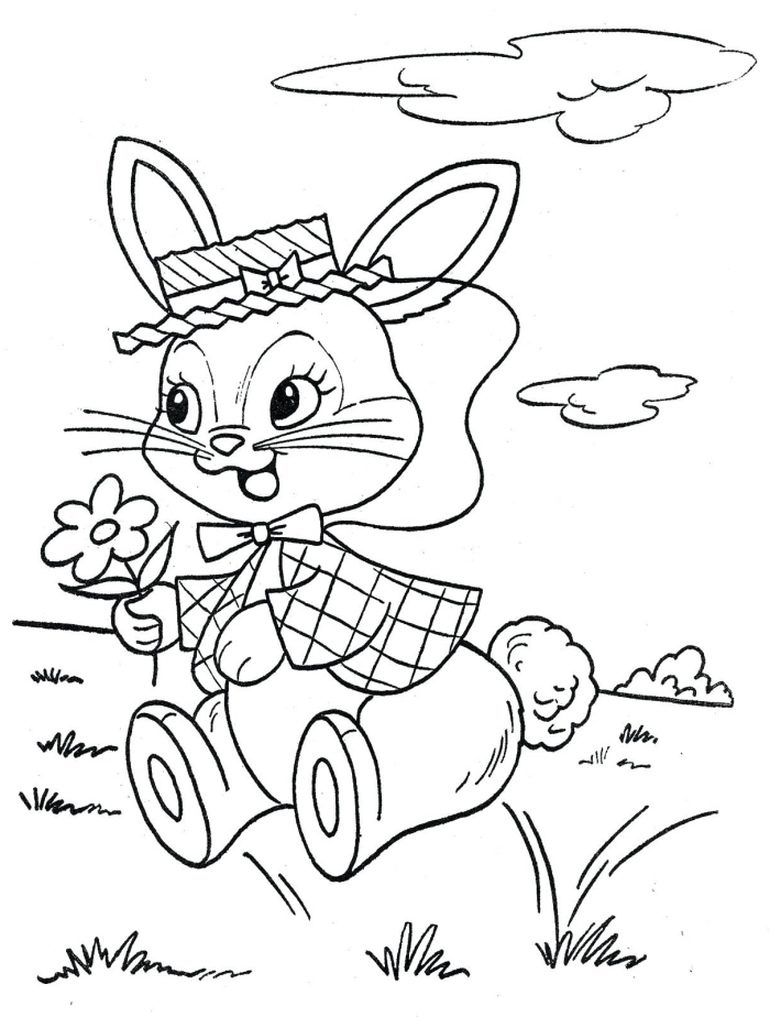 lapin de paques dessin facile à colorier, idée de coloriage simple pour enfant sur thème de Pâque avec lapin dans la nature