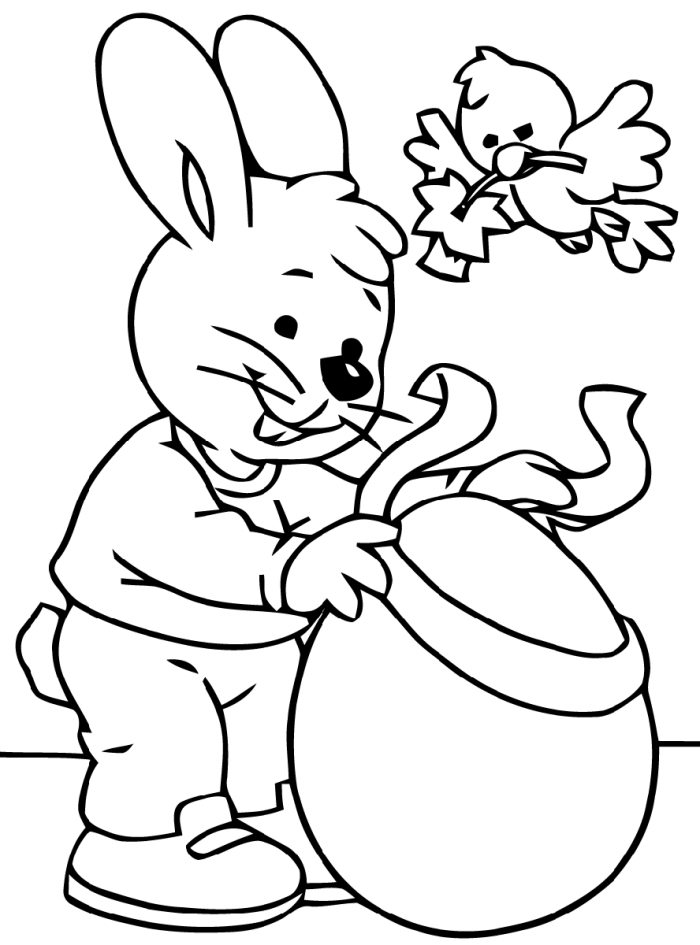 coloriage paques pour enfant, modèle de dessin à colorier facile avec lapin habillée en vêtements masculins