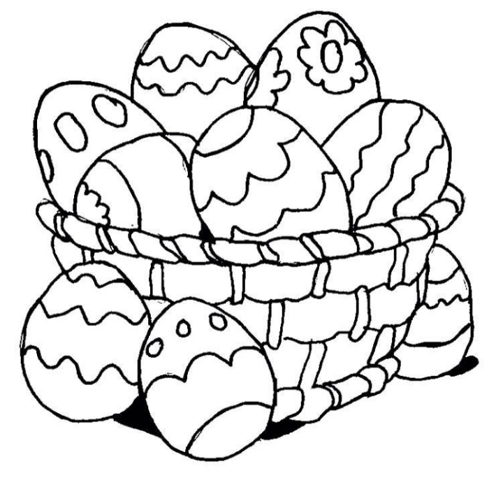 coloriage maternelle facile pour Pâques, dessin simple à imprimer avec panier de Pâques et oeufs