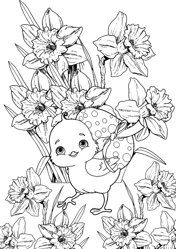 coloriage printemps facile pour petits, dessin simple à imprimer pour les enfants, illustration petit poulet et fleurs