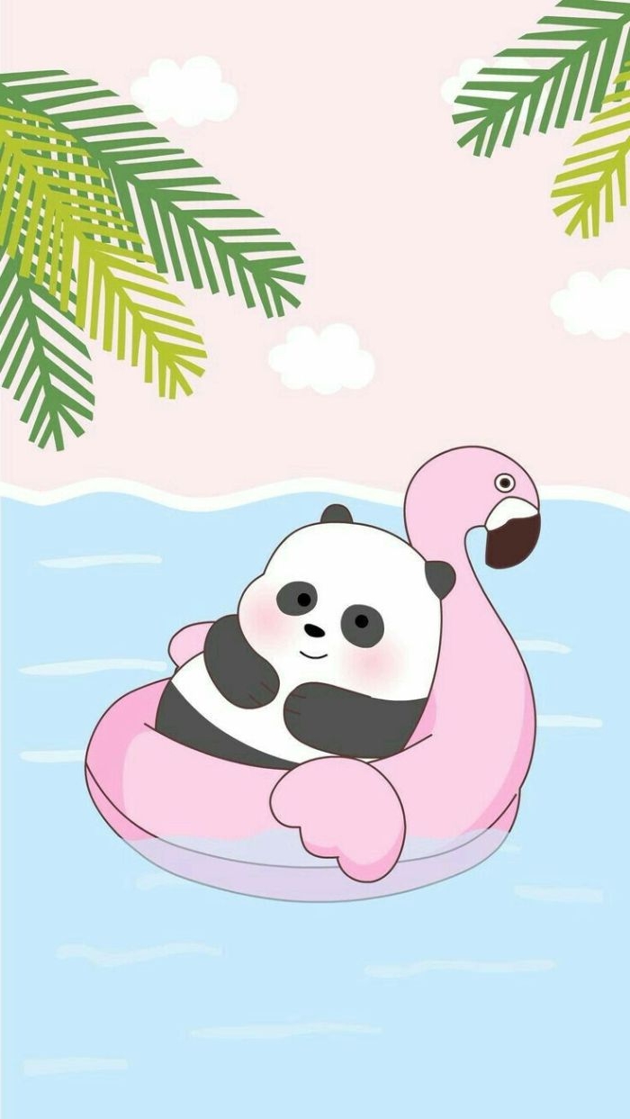 exemple de paysage tropical dessiné, panda sur bouée flamant rose pour votre fond d écran été style kawaii