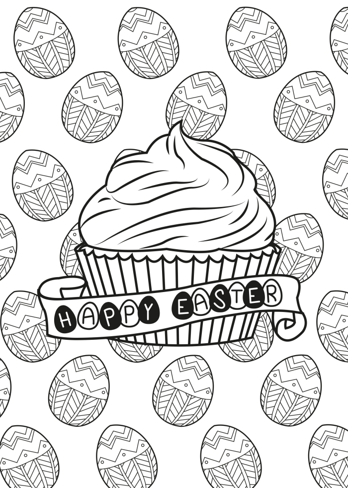 dessin de paques facile, idée de carte de Pâques à imprimer et colorer avec cupcake et lettres Joyeux Pâques