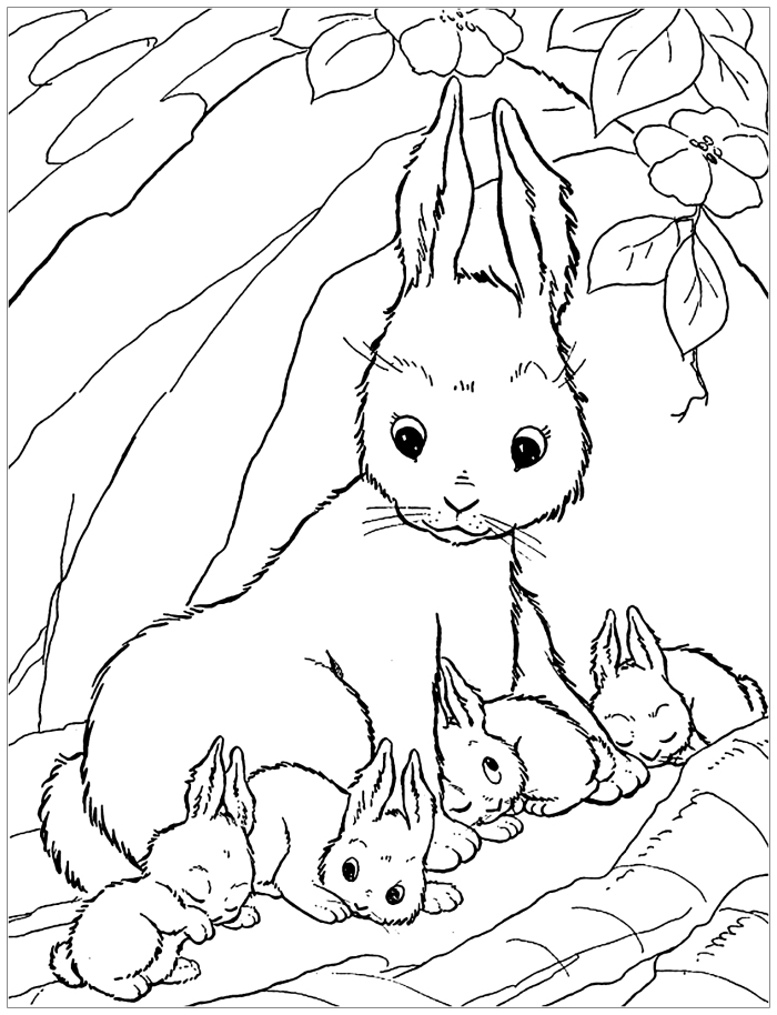 dessin de paques a imprimer, idée coloriage avec famille de lapin dans la nature, exemple dessin à colorier pour petits