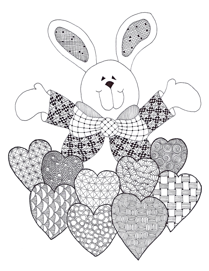 modèle de coloriage paques à imprimer, dessin à colorer pour enfant, carte à imprimer avec gros lapin et coeurs