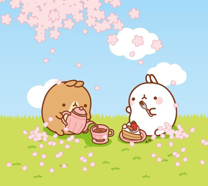 dessin personnages kawaii sympas en train de boire du thé sur un gazon dans le foret, fleurs de cerisier rose