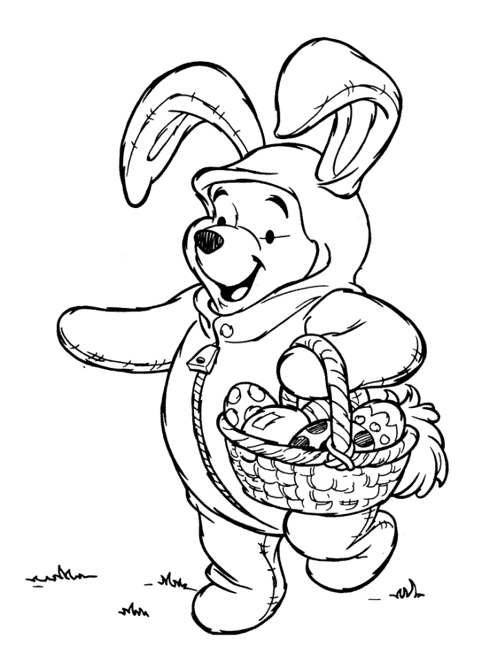 dessin de paques sur le thème Disney, illustration rigolo à colorier pour enfant, coloriage de Winnie l'ourson avec panier d'oeufs