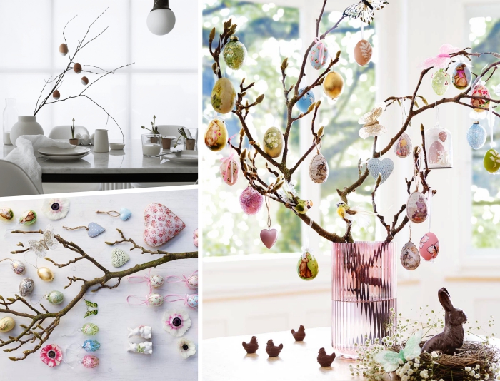 exemple comment décorer un arbre de pâques maison réalisé avec branches et oeufs DIY, déco de pâques scandinave avec branches dans vase