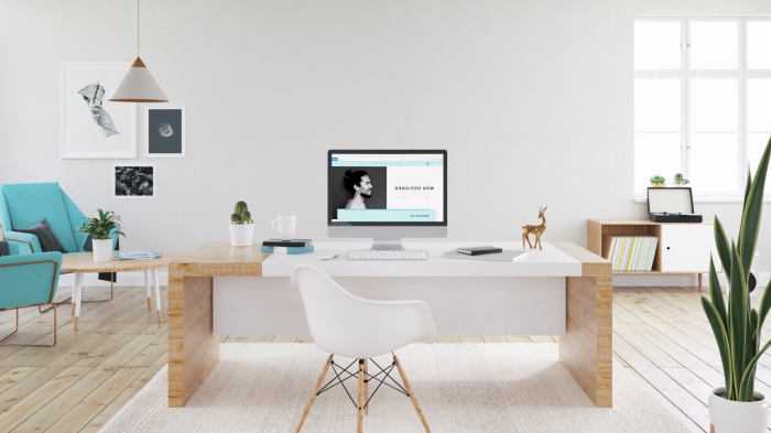 agencement bureau à domicile moderne dans un salon blanc et spacieux, idée coin de travail à domicile avec meubles tendance