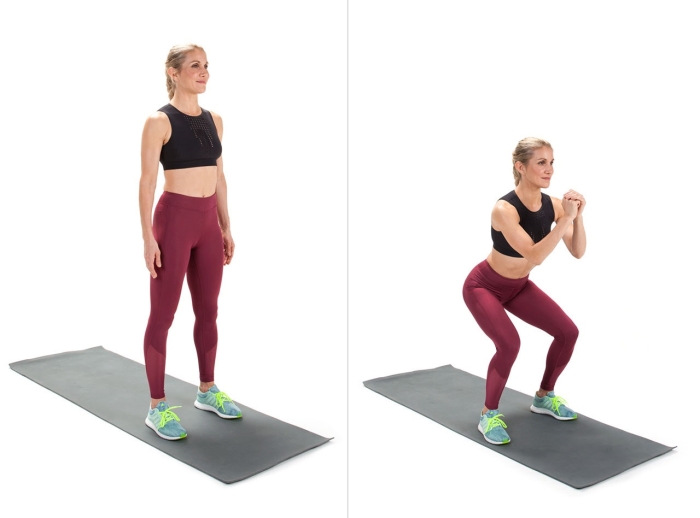 quel exercice pour brûler des calories ou muscler son corps, exemple de squats femme, programme musculation maison