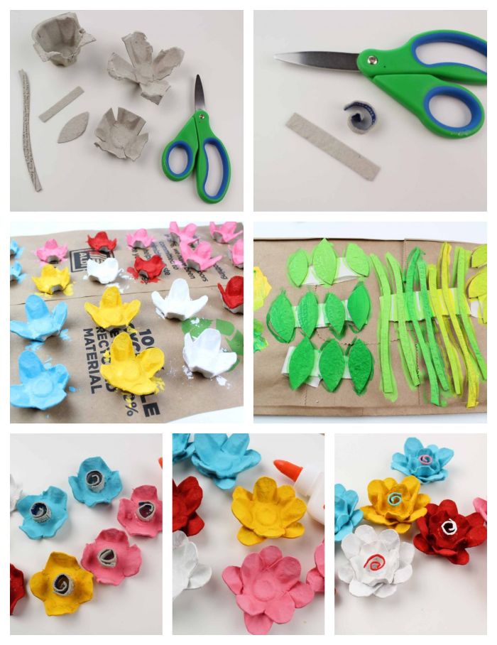 activite enfant 5 ans, idée de fleurs en carton oeufs boite, pétales colorées de peinture acrylique, tuto fleur en papier etape par etape