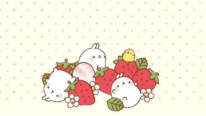 animaux kawaii, plusieurs petits lapins entourées de fleurs blanches et des fraises sur fond blanc à pois