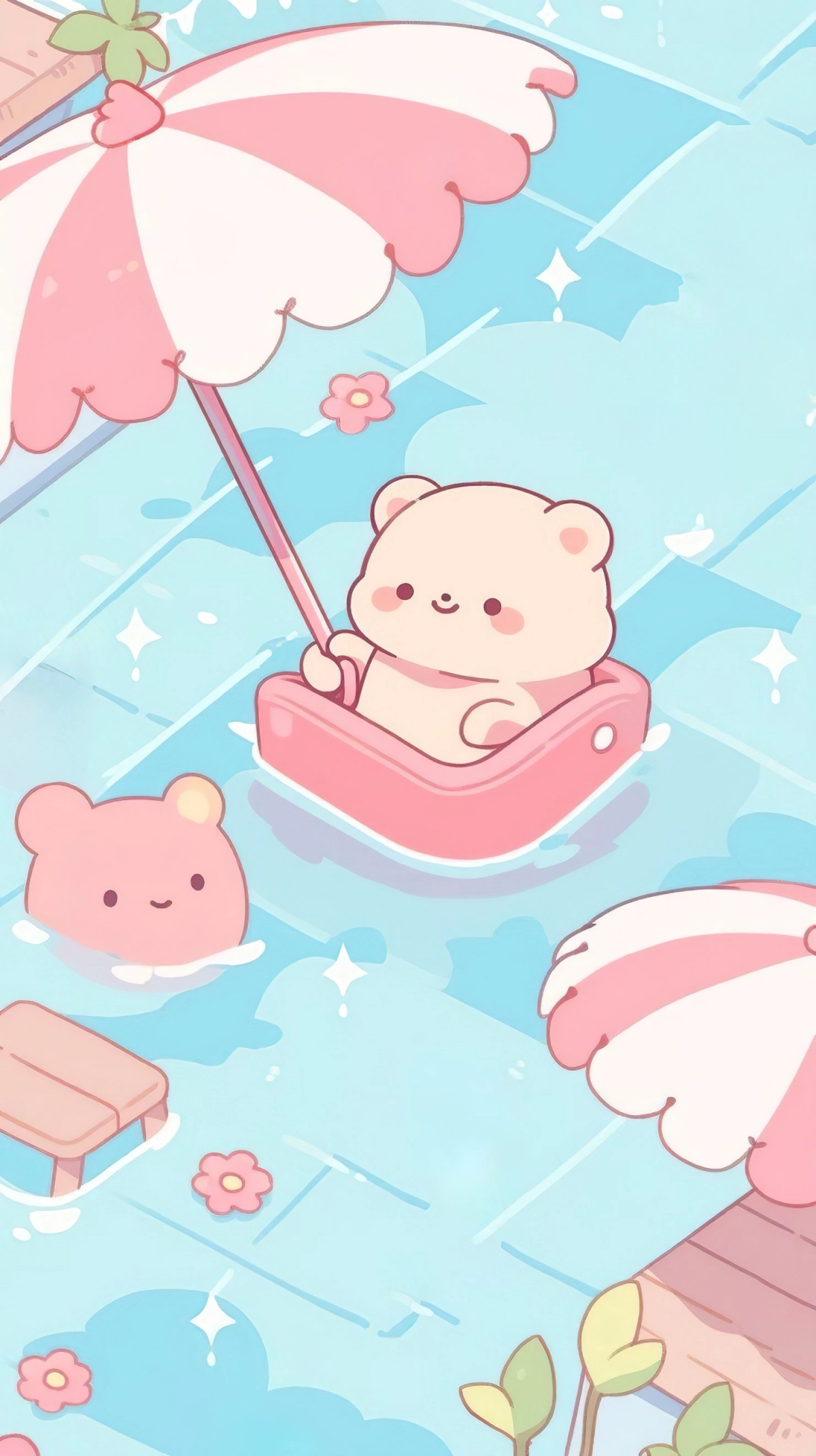 fond d ecran chill piscine ours animaux baignade parasol rose et blanc
