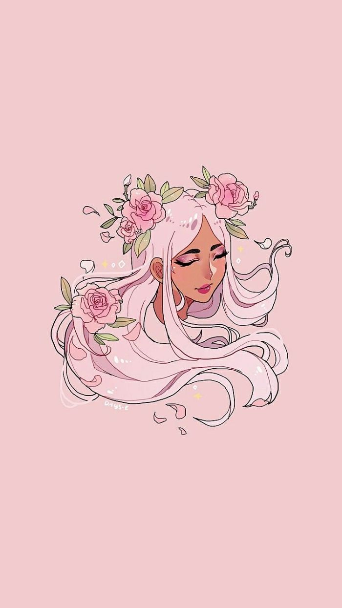 modele fond d écran fille aux cheveux longs rose avec des fleurs roses dans les cheveux, idee dessin nymphe