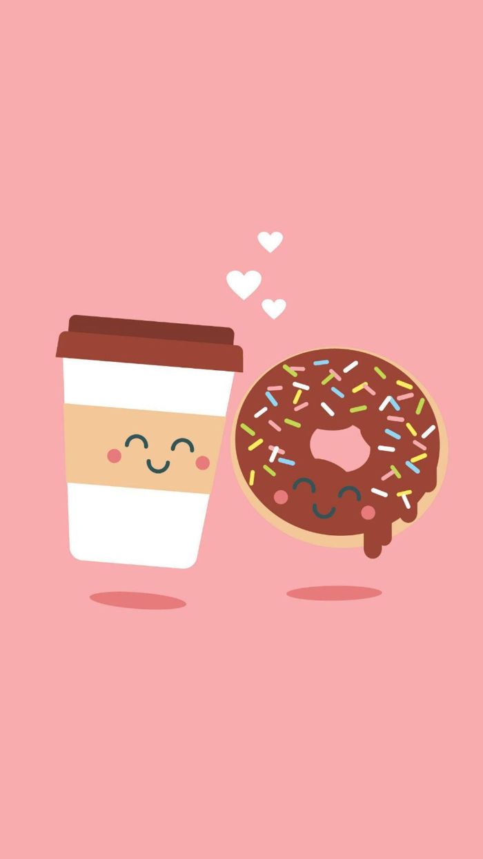 fond écran nourriture kawaii avec gobelet de café et donut couvert de chocolat sur fond rose, image kawaii amour