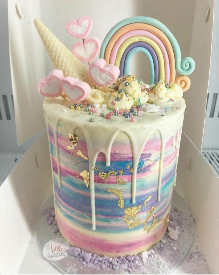 Marshmallow et cone de glace pour la déco coloré du gateau anniv licorne inspiration, comment décorer un gâteau d'anniversaire adulte pour femme