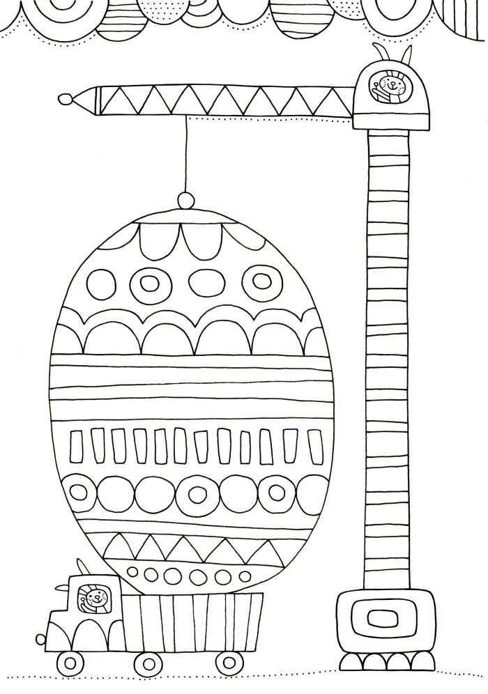 idée de coloriage facile pour enfant sur le thème de Pâques, illustration amusante avec voiture et deux lapins