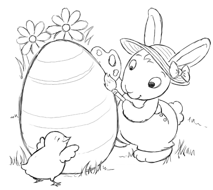 exemple de coloriage oeuf de paques facile à colorier pour enfant, illustration ludique à imprimer avec lapin et poulet